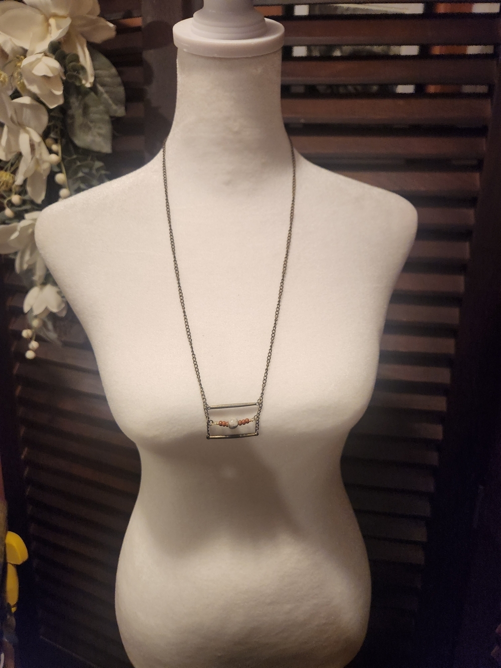 Delicate Rectangle Pendant Necklace in Antique Bronze with Coral Beads